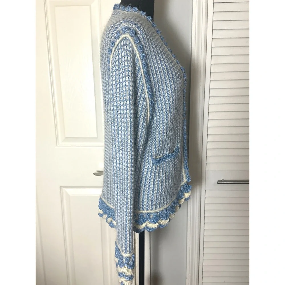 One Girl Who blue tweed cardigan mohair blend scallop metallic knit grandmacore